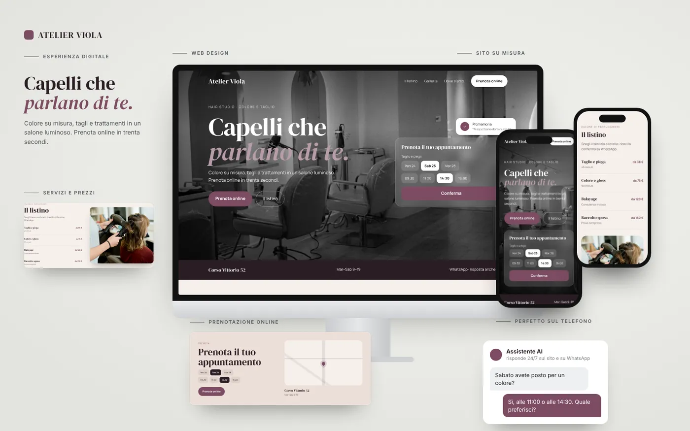 Presentation board of the Atelier Viola demo site: desktop, phone and sections