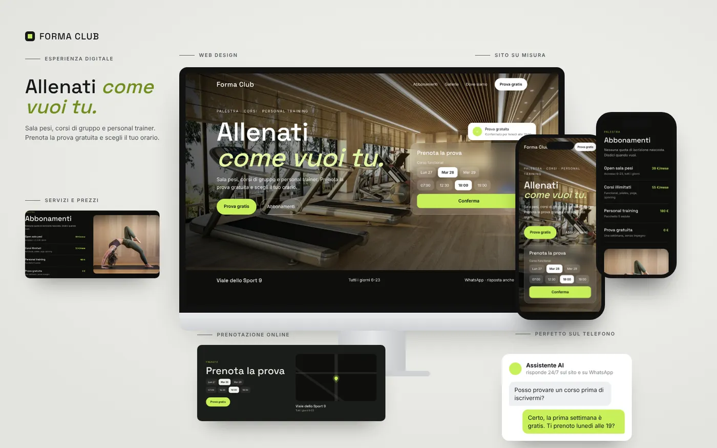 Presentation board of the Forma Club demo site: desktop, phone and sections