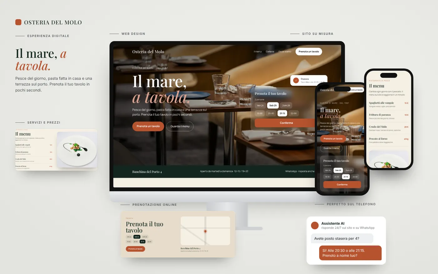 Presentation board of the Osteria del Molo demo site: desktop, phone and sections