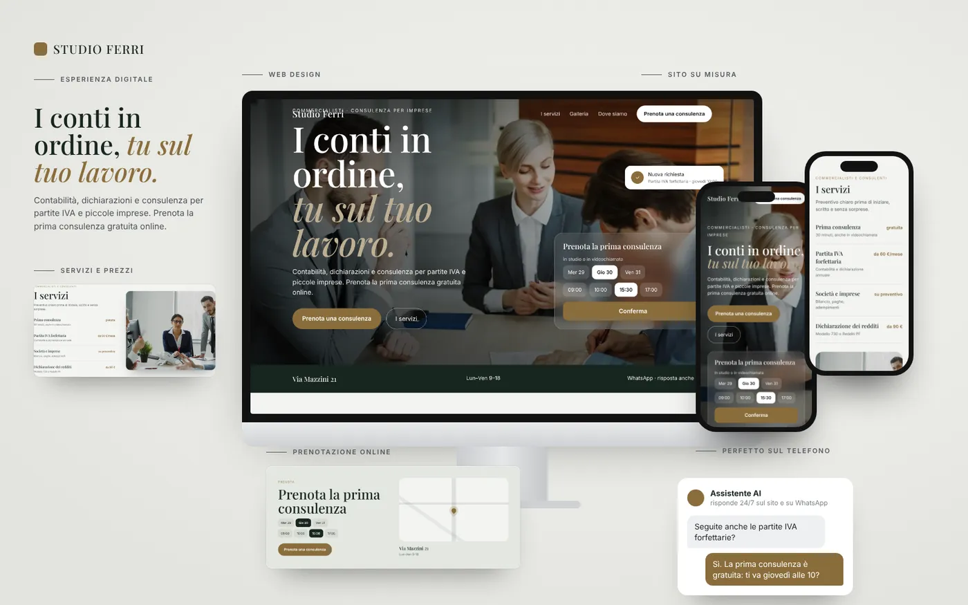 Presentation board of the Studio Ferri demo site: desktop, phone and sections