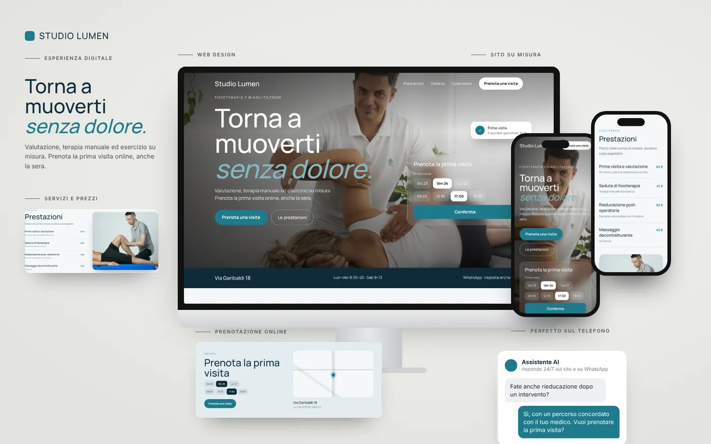 Presentation board of the Studio Lumen demo site: desktop, phone and sections