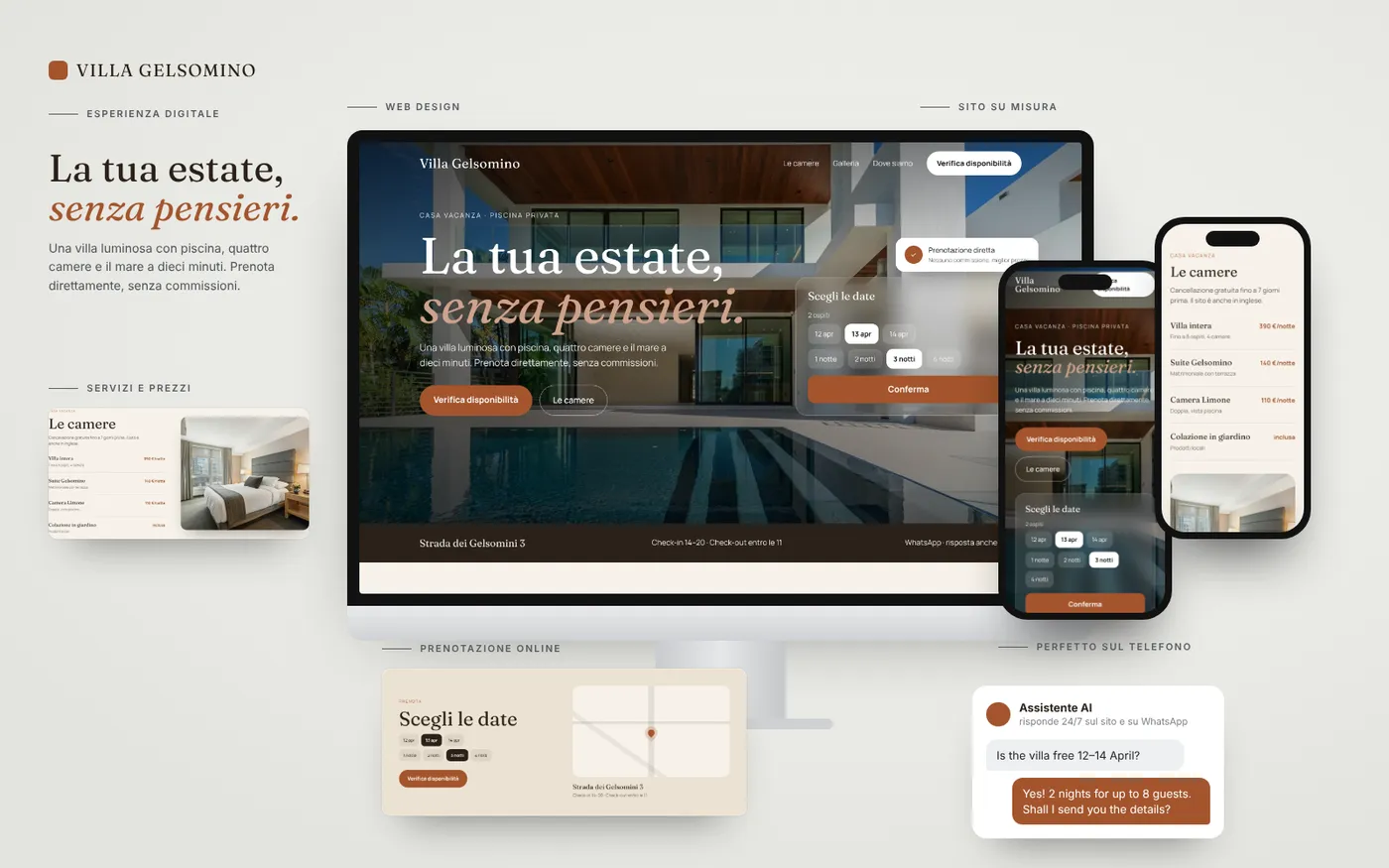Presentation board of the Villa Gelsomino demo site: desktop, phone and sections